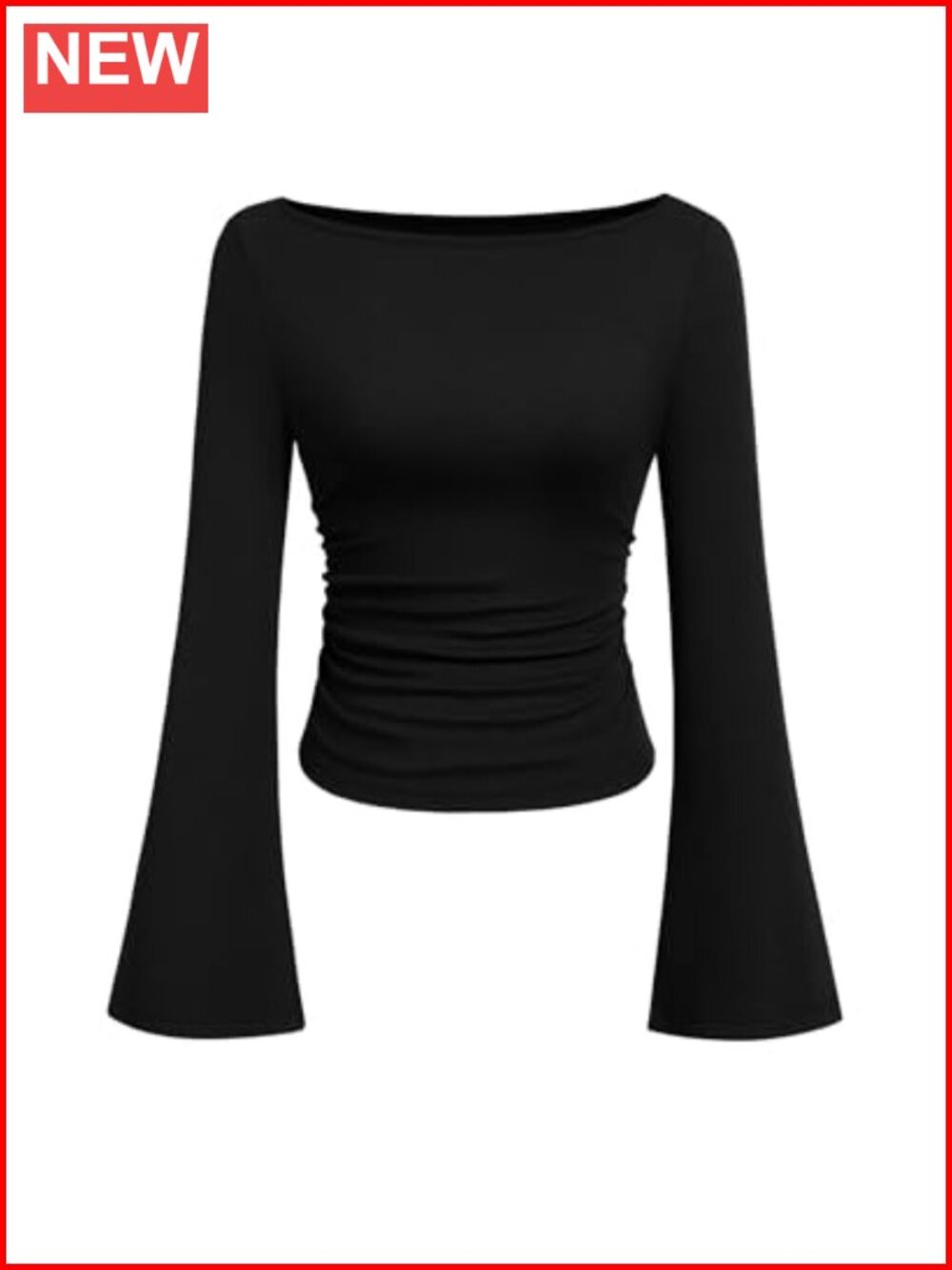Women's Ribbed Knit Bell Long Sleeve Boat Neck Fitted Crop Top